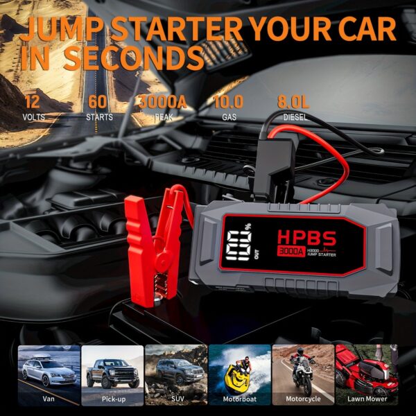 Portable Car Jump Starter - 3000A 12V for 2.64gal Gas/2.11gal Diesel Engines - Image 3
