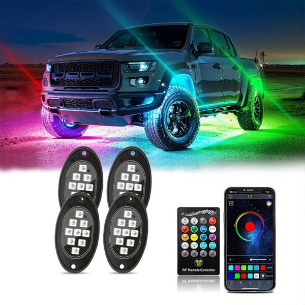 LED Rock Lights Kit, 4 Pieces with APP Remote Control, RGB Neon 12V