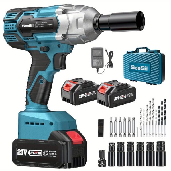 Cordless Impact Wrench 1/2 Inch 650Nm 3300RPM with Batteries Charger & Accessories