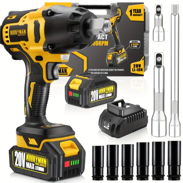 Alloyman 20V Cordless Impact Wrench - 555 ft-lbs, 1/2 inch Drive
