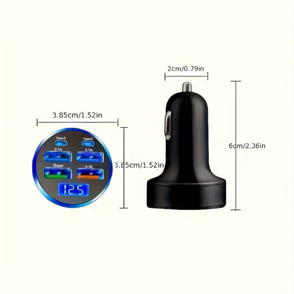 6-in-1 Car Charger with LED Display and Dual USB Ports