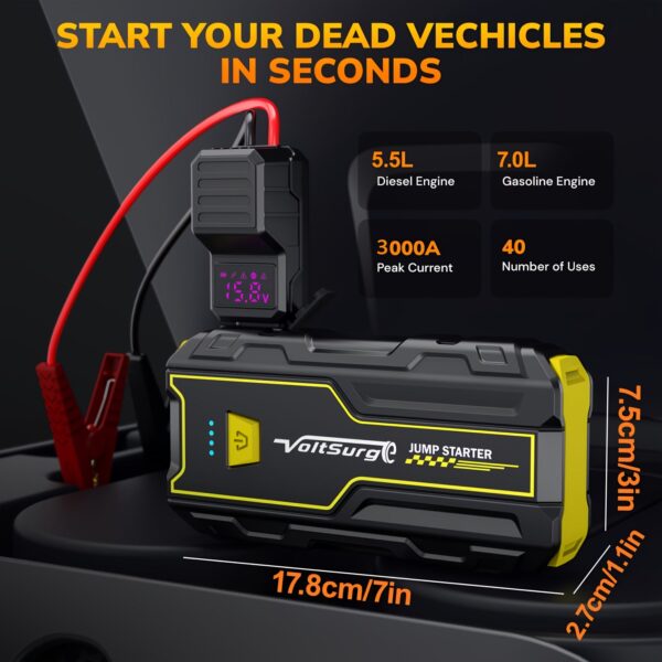 3000A Car Jump Starter with LED Light - 12V Battery for Gas/Diesel 1.85gal/1.45gal - Image 3