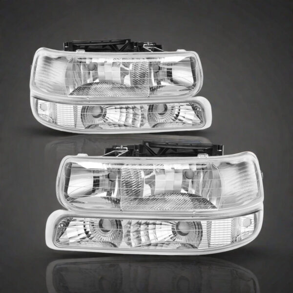 Black Chrome Headlight Assembly with Bumper Lights for Chevrolet Silverado 1500 2500 1999-2002 Tahoe Suburban 2000-2006