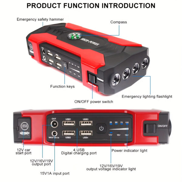 Portable Car Jump Starter 99800mAh with Emergency Power Bank and LED Flashlight - Image 3