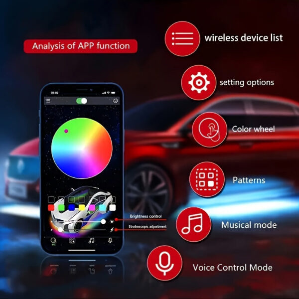 Car RGB LED Light Strip Kit - App Control Music Mode Underbody Lighting - Image 3