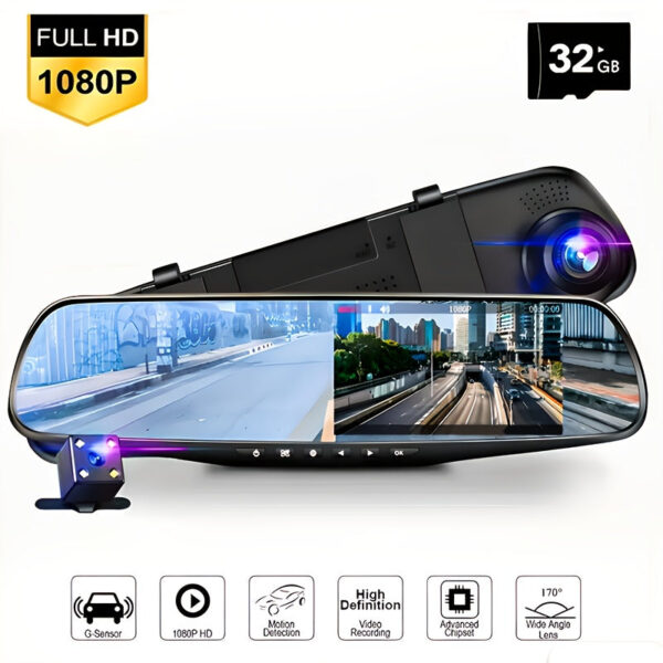 4.3" Dual 1080P Front/Rear Camera Rearview Mirror Dash Cam with 32GB Storage