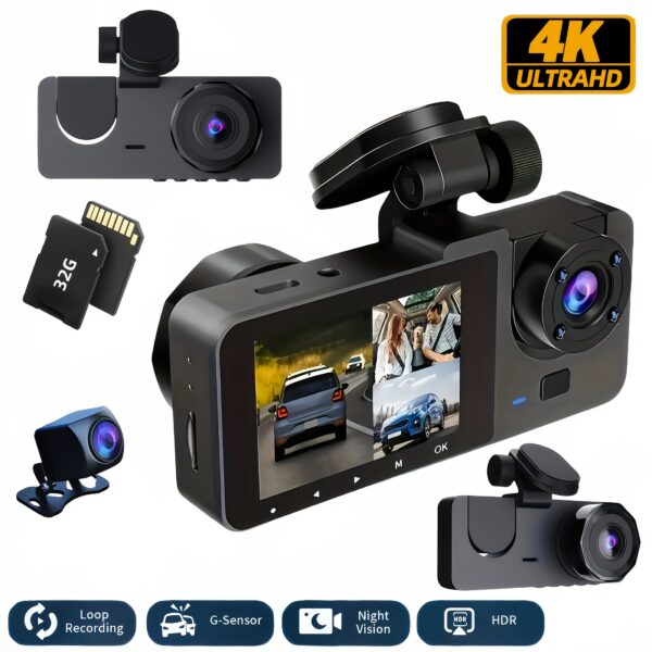 4K Three-Channel Car Dash Camera with Night Vision, 32GB SD Card