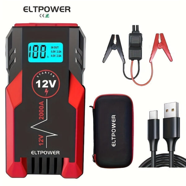 Car Battery Jump Starter 20000mAh 2000A Peak with LED & USB QC 3.0 for 9L Gas/7L Diesel Engines