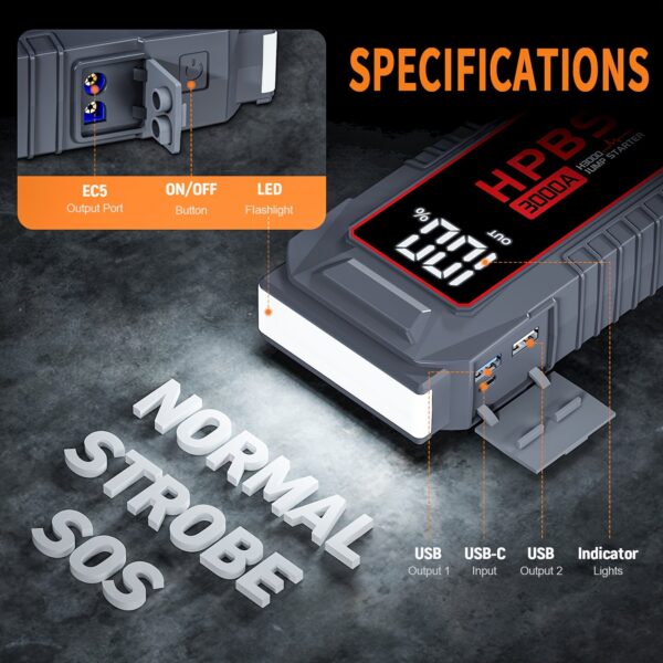 Portable Car Jump Starter - 3000A 12V for 2.64gal Gas/2.11gal Diesel Engines - Image 4